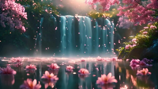 Waterfall landscape with magical sparkling lights. Fantastic fairy tale background, digital art. Illustration of a mountain dawn landscape with waterfalls. Beautiful nature water flowing