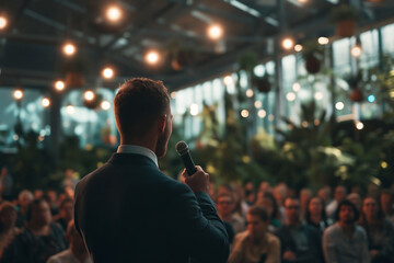 Man with microphone stands in front of an audience in a room or hall and gives a lecture - topic seminar, congress or symposium  - obrazy, fototapety, plakaty