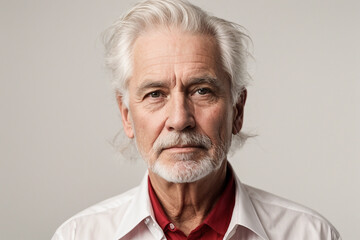 portrait of a man white hair good and smart looking at camera on white background. image generated ai.