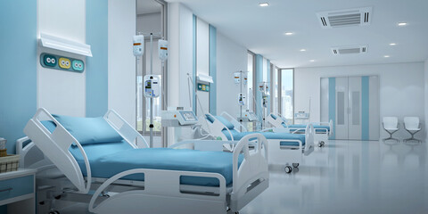 Fototapeta na wymiar Hospital bed in recovery room with copy space.3d rendering