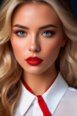 A beautiful blonde woman with blue eyes and red lipstick, wearing a white shirt.