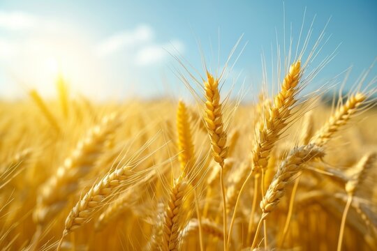 Close-up of golden wheat ears. Harvest concept. Endless wheat field on late summer morning time, backlight by the rising sun. Creative background, shallow depth of the field.