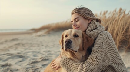 A young woman in a sweater hugs a golden retriever dog sitting on the sand near the sea
