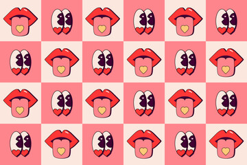 Seamless pattern with eyes, lips and tongue in retro style. Objects on checkered pink background. Bright background for Valentine's Day. Love and romance. Vector.