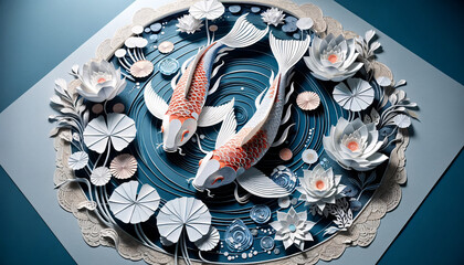 Intricate paper art of koi fish swimming in harmony in a tranquil pond, symbolizing love and tradition for Valentine's Day in Japan. AI Generated.