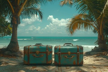 Two Suitcases Resting on Sandy Beach Near Ocean