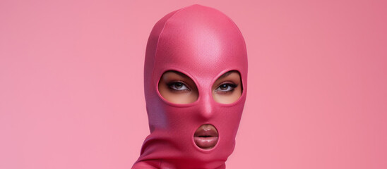 a girl in a pink balaclava. a woman's headdress, a mask cap covering her face.