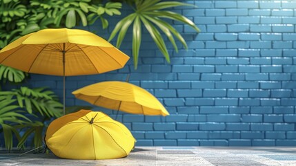Yellow Umbrellas in Front of Blue Brick Wall