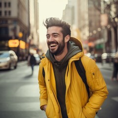 Man Smiling in Yellow Jacket on City Street