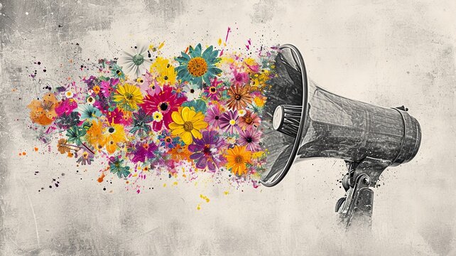 Feminist Voice: Megaphone Emitting Flowers and Symbols
