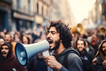 arabian moeslim Male activist protesting on megaphone during a strike with a group of demonstrators in the background
