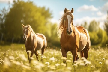 Obraz premium horses graze in the field in summer. livestock, agriculture. beautiful well-groomed animals on a walk.