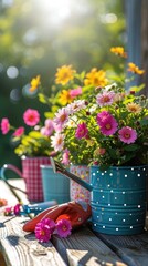 colorful flower pots with watering can and gloves on wooden table on sunny garden background. banner with copy space