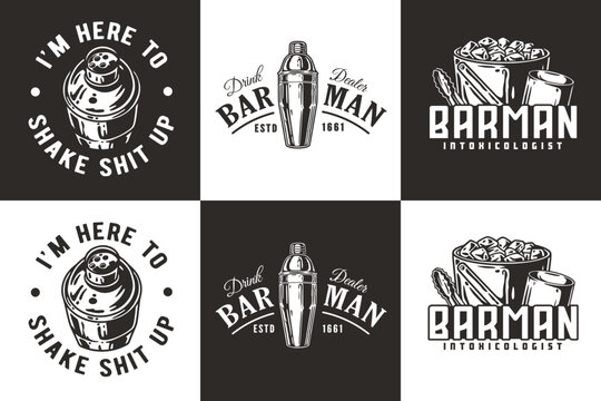 Bartender logos vector set for bartending shop. Barman chromed metal tools or instruments for cocktail bar or store
