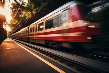 Fototapeta premium At dusk, a fast train is moving through the train station. On a train station, a contemporary passenger train moves quickly. Train with a motion blur feature. 