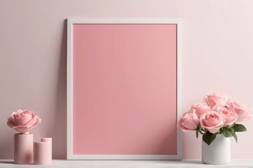 Empty photo frame mockup on wooden background with Valentine Elements flowers rose and tulips with hearts love, romance. front view empty space