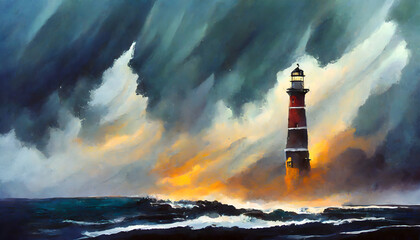 Lighthouse painting. Concept of maritime art. - obrazy, fototapety, plakaty