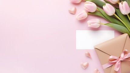 Women Day, Mother day background with envelope, gift box and beautiful spring tulip flowers on...