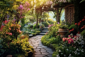 Fototapeta na wymiar An image of an enchanted garden with blooming flowers