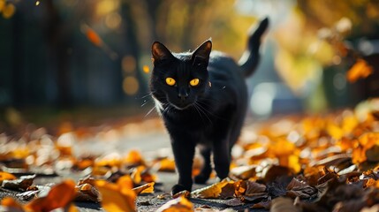 A black cat with yellow eyes walking through orange autumn leaves. Created with Generative Ai technology. - obrazy, fototapety, plakaty