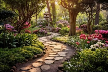 An image of an enchanted garden with blooming flowers