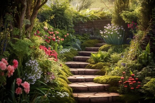 An image of an enchanted garden with blooming flowers