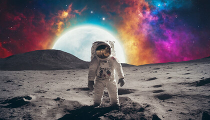 Astronauta fantastico con alba lunare