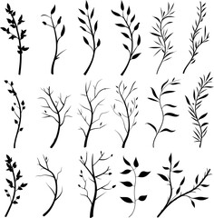 Set of branch and leaves collection. Floral hand drawn vintage set. Sketch line art illustration. Element design for greeting cards and invitations of the wedding, birthday. AI generated illustration. - obrazy, fototapety, plakaty