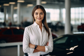 Professional luxury car saleswoman in luxury showroom