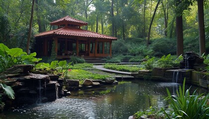 serene well-being retreat center, emphasizing holistic health, mindfulness practices, and a tranquil environment for relaxation and self-discovery, AI