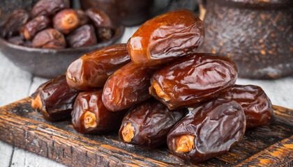 Obraz premium A close-up of juicy, glistening dates on a rustic wooden board, with more in a bowl. Ideal for promoting healthy snacks or Ramadan feasts.