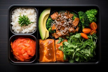 Balanced meal planning with bento box. Zero waste, healthy and trendy cuisine. Weekly prep of entree, main course, and dessert. Generative AI - obrazy, fototapety, plakaty