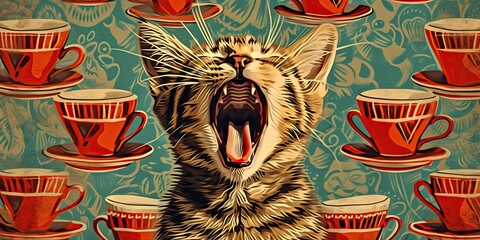 a drawn striped kitten screams against the background of red cups of coffee, banner