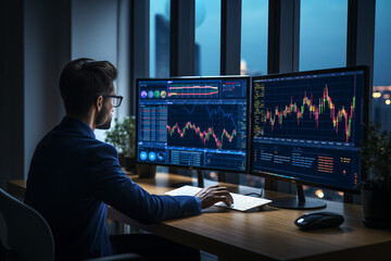 Finance trade manager analyzing stock market indicator - obrazy, fototapety, plakaty