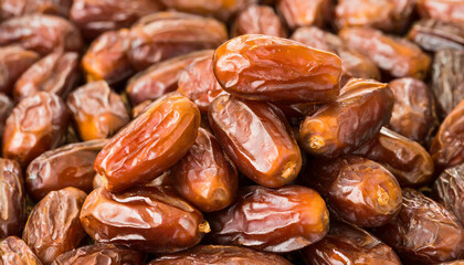 A close-up of juicy, glistening dates, rich in detail and color. Ideal for food blogs, nutritional content or Ramadan greetings.
