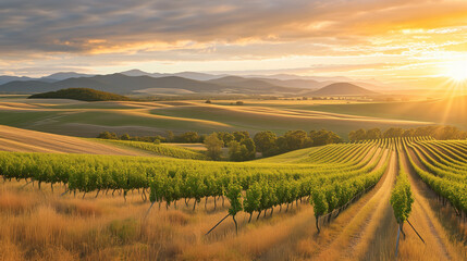 Farm landscape photograph. Sprawling farmland over flowing hills.