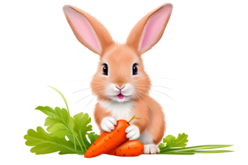 Funny easter bunny cartoon character symbols colorful eggs rabbit holding carrots white background generated Ai illustration.