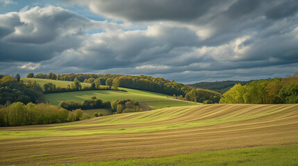 Farm landscape photograph. Sprawling farmland over flowing hills.