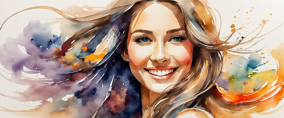 The face of a beautiful woman with long brown hair and a wide smile. Illustration painted in watercolor style.