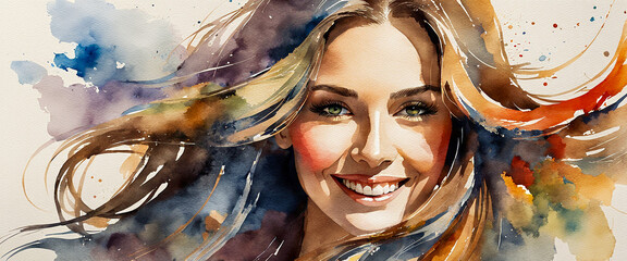 Close-up of a woman's face with a beautiful smile. A watercolor-style illustration depicting long flowing hair.