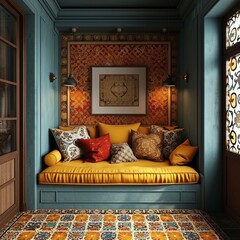 Oriental style interior. Yellow  sofa with pillows in room with ornaments.
