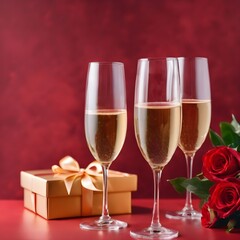 Two glasses of champagne gift box and flowers on a red background. Valentine's day decorations.
