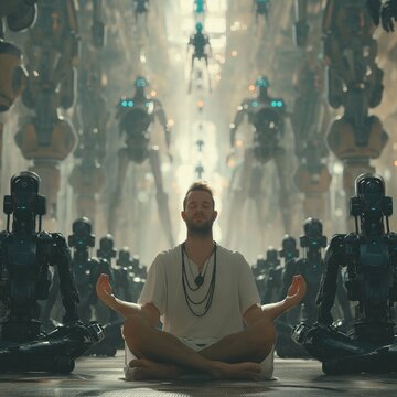 Man is sitting in a meditation pose  against the background of crowd of modern robots in large bright hall