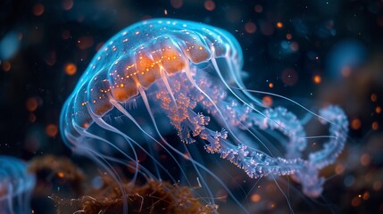 Semi-translucent, organic-looking exoskeleton of a jellyfish floating in clear water. An interdimensional creature with luminescence similar to a jellyfish. - obrazy, fototapety, plakaty