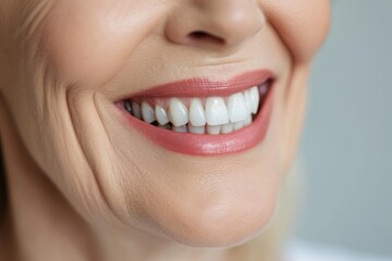 Obraz premium Close-up of a bright smiling European senior woman showing off healthy white teeth