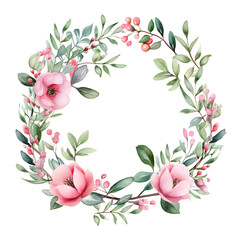 Watercolor wedding Rose tree and mistletoe wreath. Hand realistic painting vintage round frame with branches, snowberry and green leaves isolated on white background.