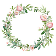 Fototapeta premium Watercolor wedding Rose tree and mistletoe wreath. Hand realistic painting vintage round frame with branches, snowberry and green leaves isolated on white background.