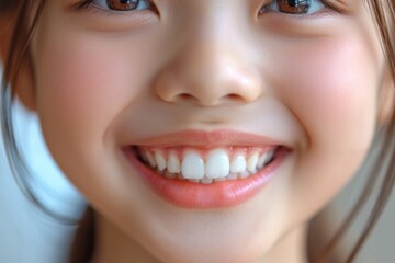 Close-up of a bright smiling Asian girl child showing off healthy white teeth