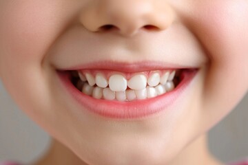 Close-up of a bright smiling European girl child showing off healthy white teeth