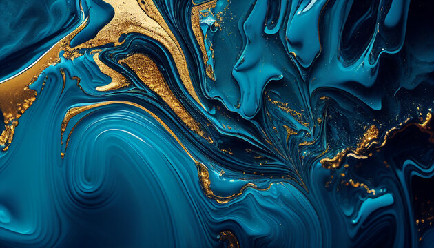 Blue background, Marble aqua blue gold texture, liquid, wallpaper, background, Ai generated image